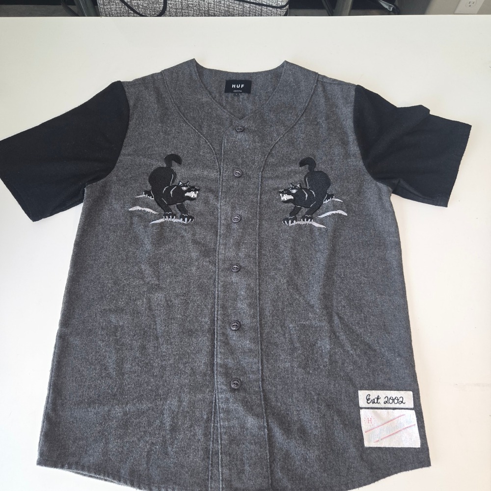 HUF Worldwide Mens Grey Wool Panther Baseball Jersey Shirt Black Sleeves L
